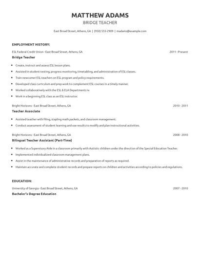 Bridge Teacher Resume