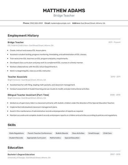 Bridge Teacher Resume