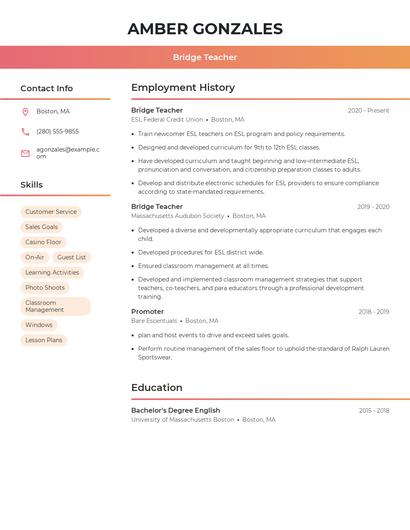 Bridge Teacher Resume