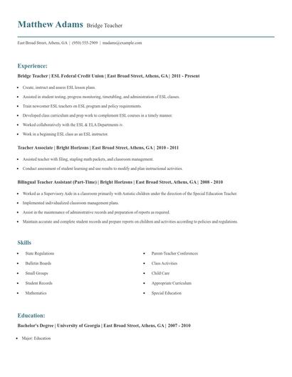 Bridge Teacher Resume
