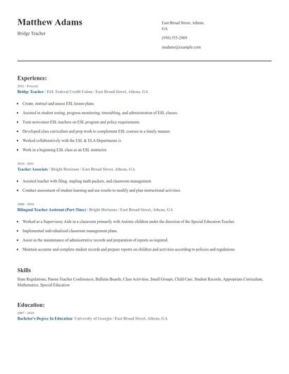 Bridge Teacher Resume