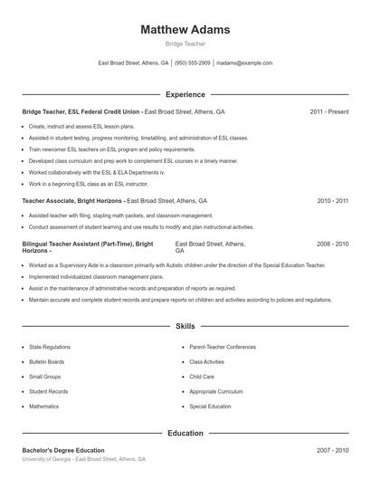Bridge Teacher Resume