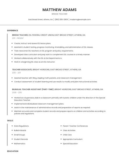 Bridge Teacher Resume