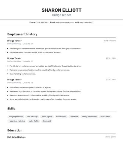 Bridge Tender Resume