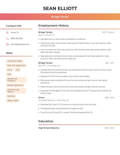 Bridge Tender Resume