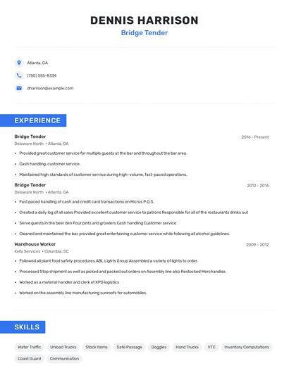 Bridge Tender Resume