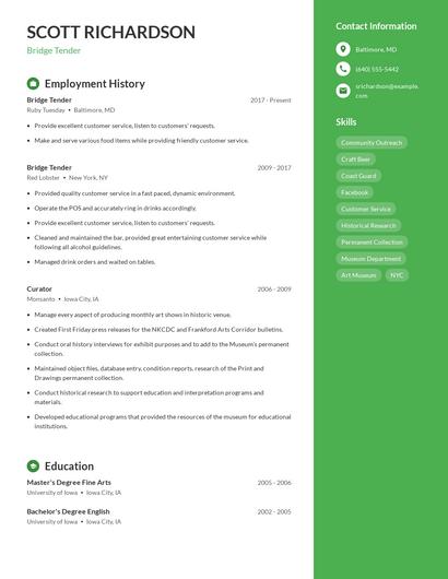 Bridge Tender Resume