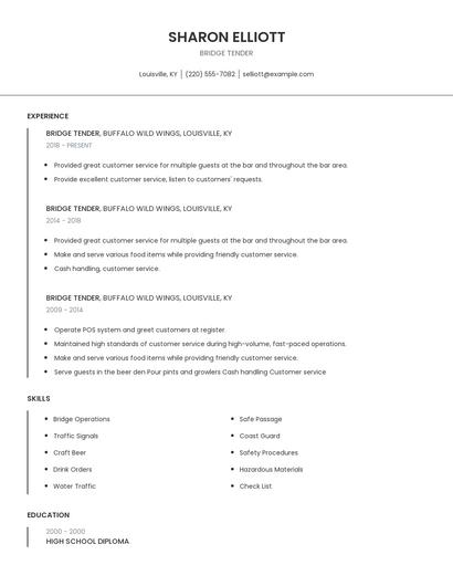 Bridge Tender Resume