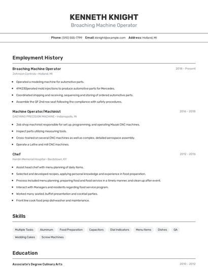 Broaching Machine Operator Resume