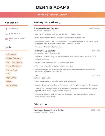 Broaching Machine Operator Resume