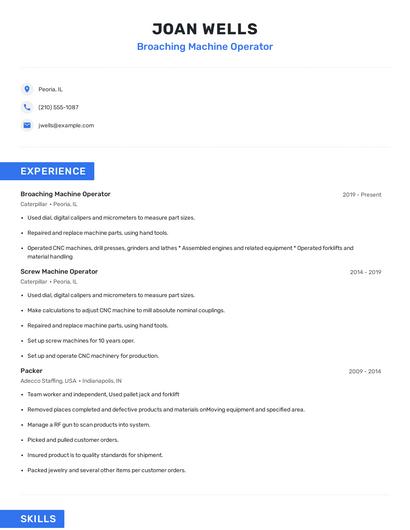 Broaching Machine Operator Resume