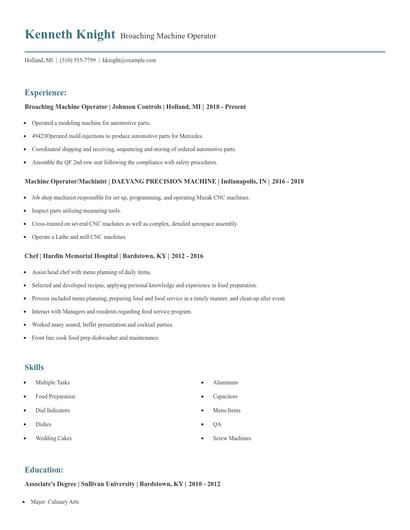 Broaching Machine Operator Resume