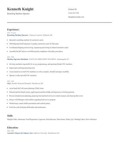 Broaching Machine Operator Resume