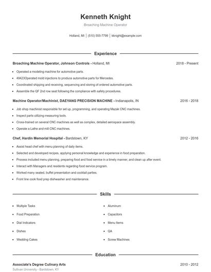 Broaching Machine Operator Resume