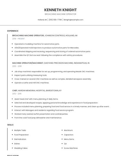 Broaching Machine Operator Resume