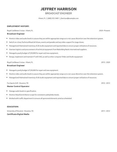 Broadcast Engineer Resume