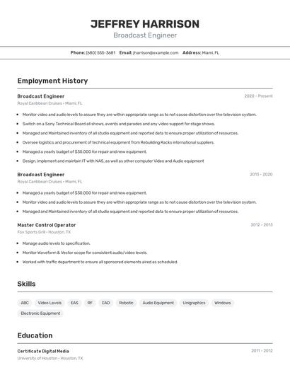 Broadcast Engineer Resume