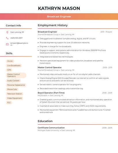Broadcast Engineer Resume
