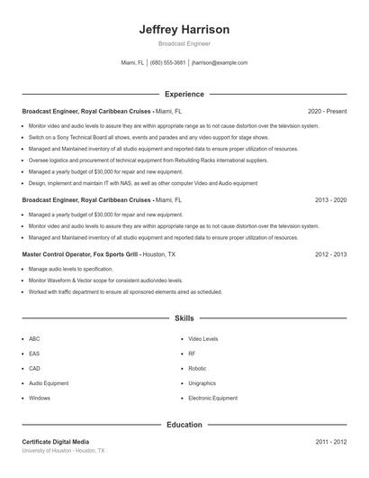 Broadcast Engineer Resume