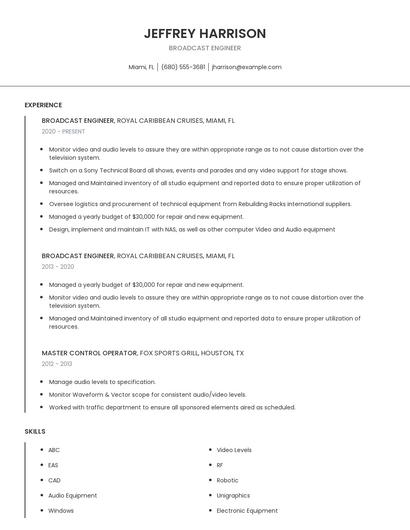 Broadcast Engineer Resume