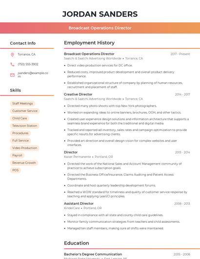 Broadcast Operations Director Resume