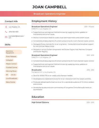 Broadcast Operations Engineer Resume