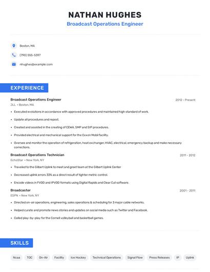 Broadcast Operations Engineer Resume