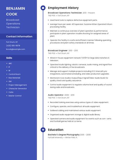 Broadcast Operations Technician Resume
