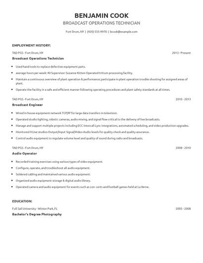 Broadcast Operations Technician Resume