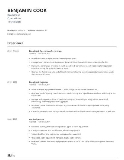 Broadcast Operations Technician Resume