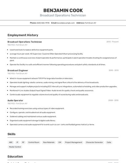 Broadcast Operations Technician Resume