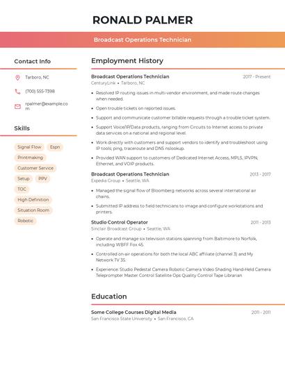 Broadcast Operations Technician Resume