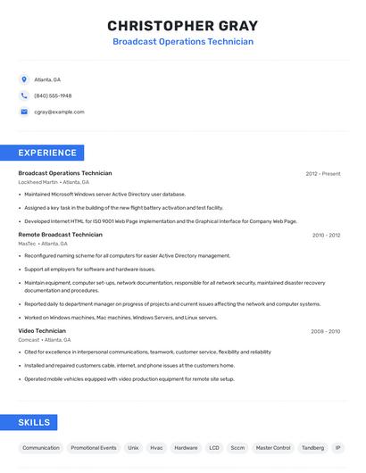 Broadcast Operations Technician Resume