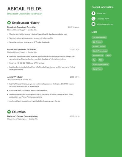 Broadcast Operations Technician Resume