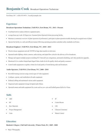 Broadcast Operations Technician Resume