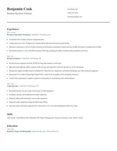 Broadcast Operations Technician Resume