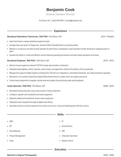 Broadcast Operations Technician Resume
