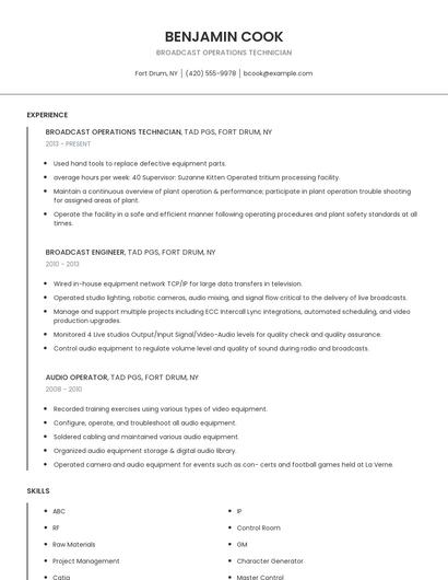 Broadcast Operations Technician Resume