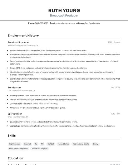 Broadcast Producer Resume