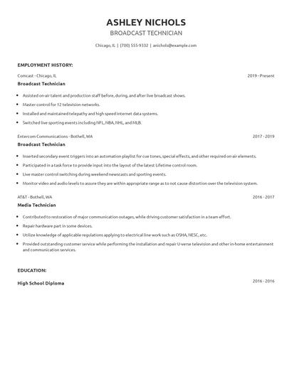 Broadcast Technician Resume