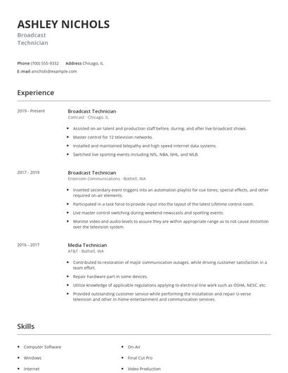 Broadcast Technician Resume