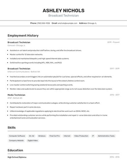 Broadcast Technician Resume