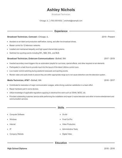 Broadcast Technician Resume