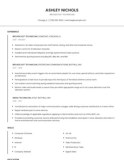 Broadcast Technician Resume