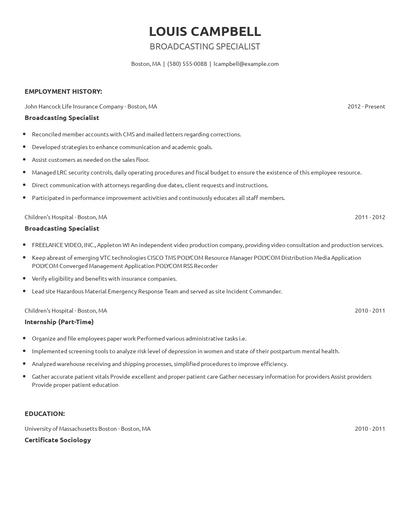 Broadcasting Specialist Resume