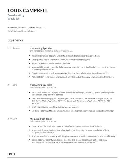 Broadcasting Specialist Resume