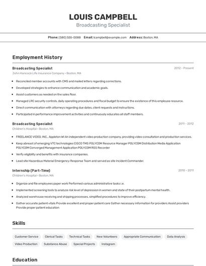 Broadcasting Specialist Resume
