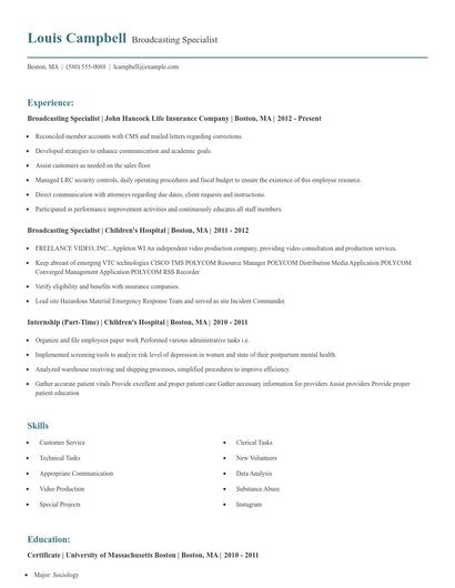 Broadcasting Specialist Resume