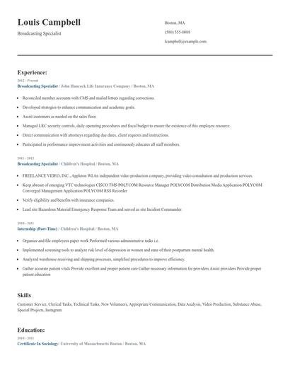 Broadcasting Specialist Resume
