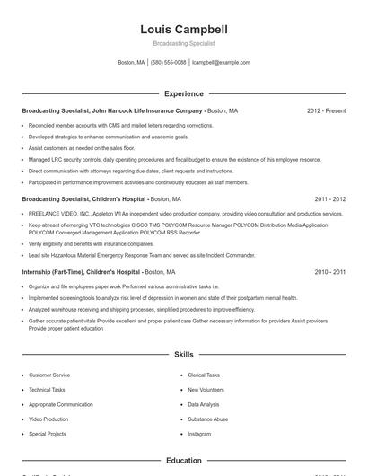 Broadcasting Specialist Resume